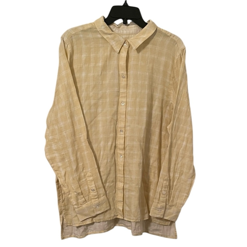 J. Jill Women’s Pale Yellow White Plaid Cotton Sleeve Button Up Shirt Size‎ XL
